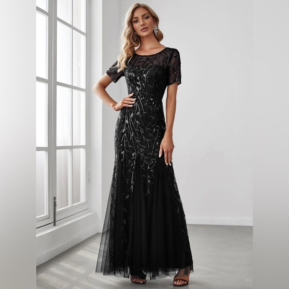 🆕 Floral Sequin Print Maxi Long Fishtail Formal Dresses With Half Sleeve